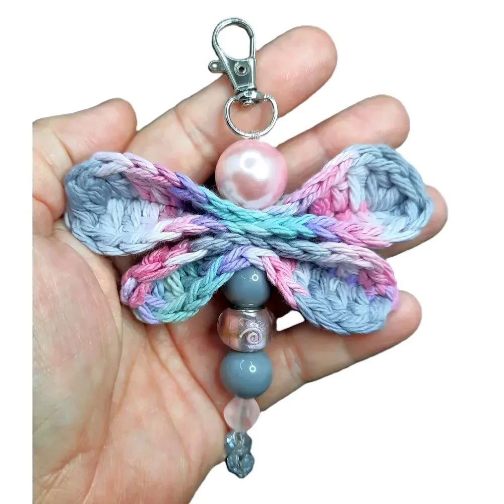Crochet Winged Dragonfly Bag Charm Handmade Soft Pink Gray Beaded Purse Keychain